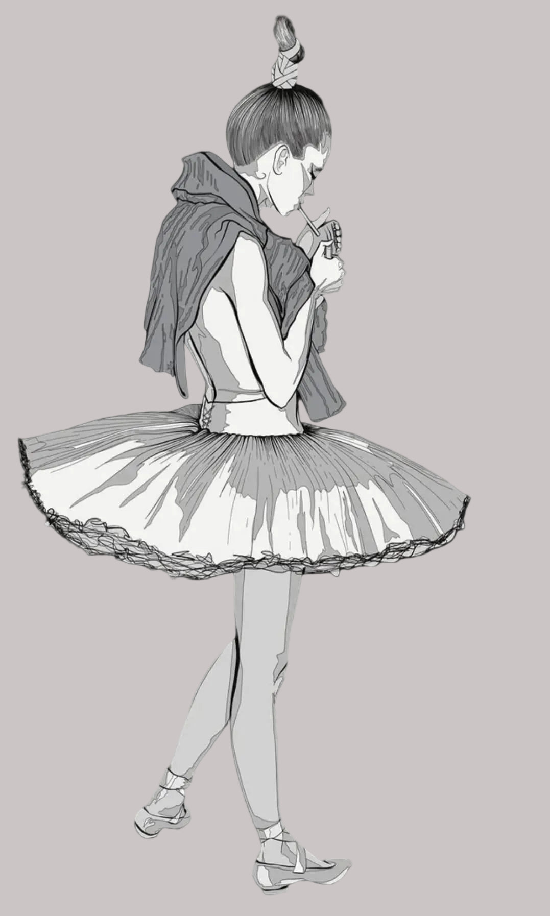 Black and white illustration of a character in a dress with a bow on a black background